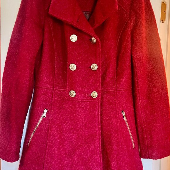Guess Women's Red Double-Breasted Wool Blend Pea Coat Jacket Size Small - Picture 2 of 9